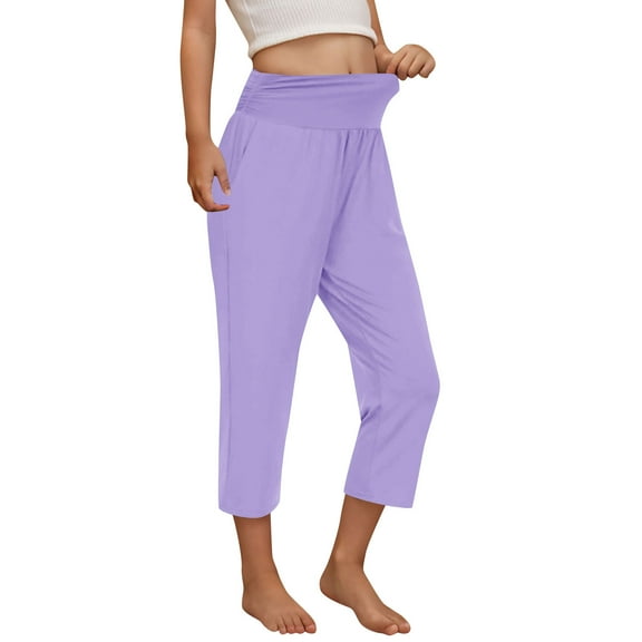 Girls High Waisted Capri Leggings Slimming Workout Yoga Capris Legging with Pockets Stretch Soft Athletic Wear 10 Years, Purple