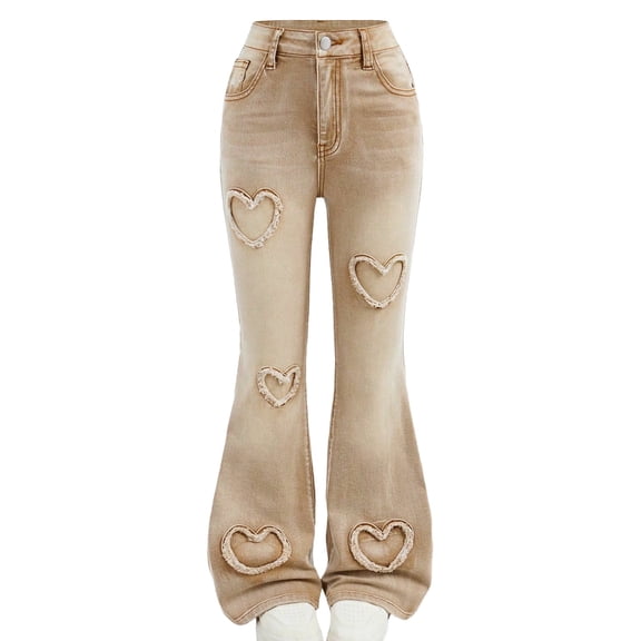 Girls High Waisted Flare Jeans, Distressed Bootcut Denim Pants with Heart Patches, Vintage Style, Khaki, Sizes 6-14,Size 10-11T