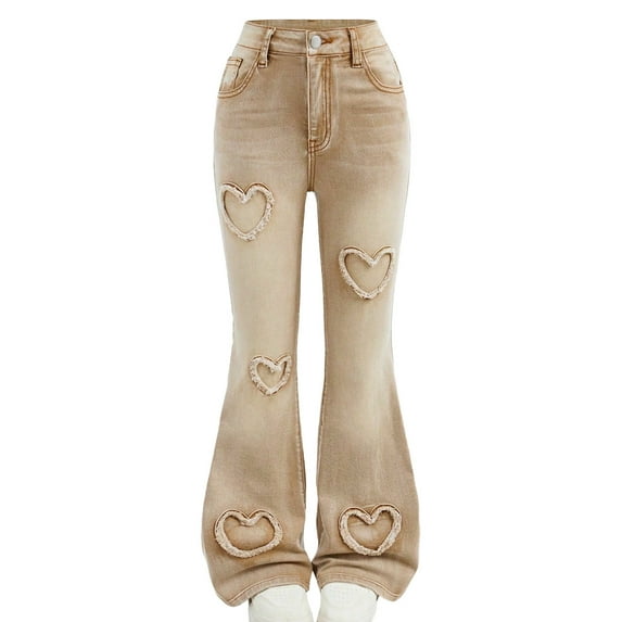 Girls High Waisted Flare Jeans, Distressed Bootcut Denim Pants with Heart Patches, Vintage Style, Khaki, Sizes 6-14,Size 12-13T