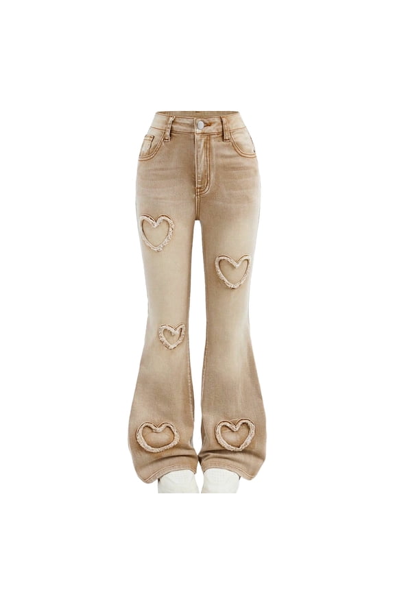 Girls High Waisted Flare Jeans, Distressed Bootcut Denim Pants with Heart Patches, Vintage Style, Khaki, Sizes 6-14,Size 8-9T