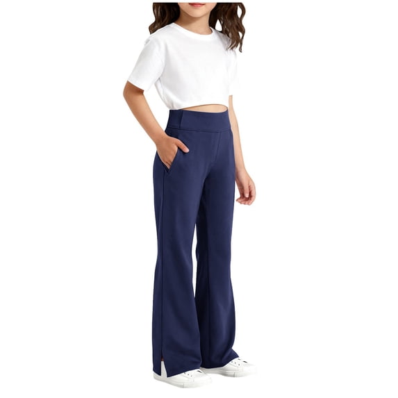Girls High Waisted Flare Leggings Yoga Bootcut Pants with Pockets Solid Color Bell Bottoms 6-15T