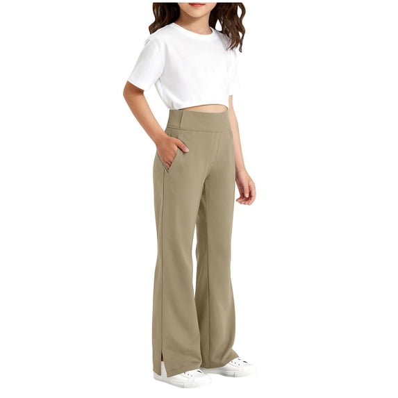 Girls High Waisted Flare Leggings Yoga Bootcut Pants with Pockets Solid Color Bell Bottoms 6-15T
