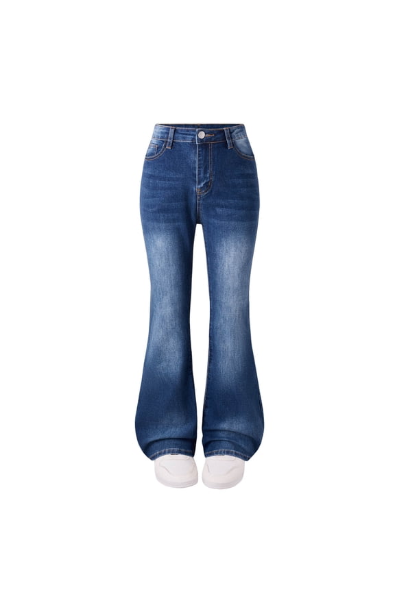 Girls High Waisted Flared Jeans Kids Stretchy Distressed Bell Bottom Denim Pants (6-13 Years)