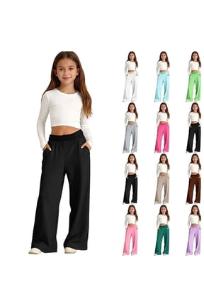 Girls High Waisted Pants Stretch Casual Pant with Pockets - Soft Comfortable Everyday Bottoms for School & Play, Elastic Waist