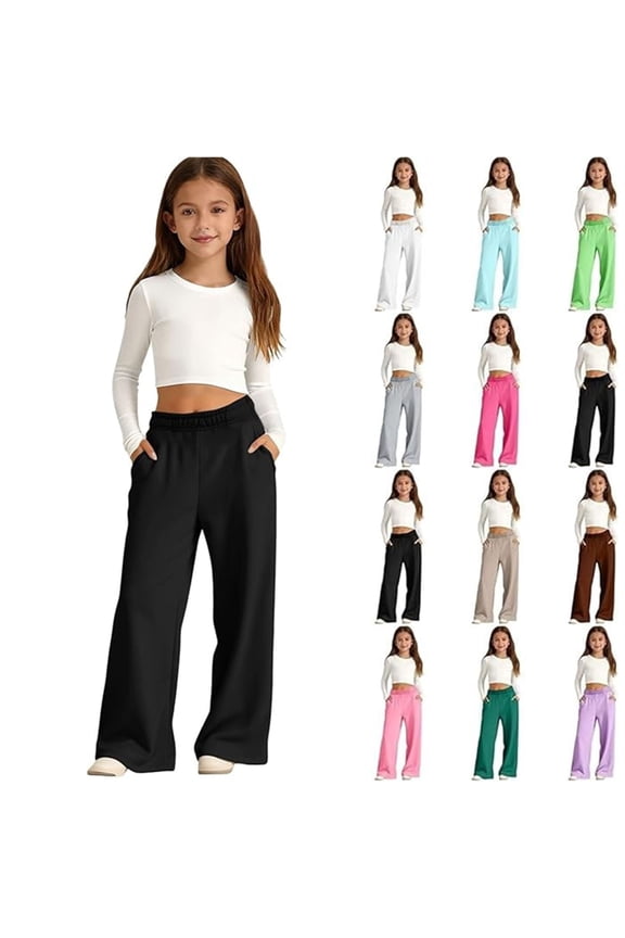 Girls High Waisted Pants Stretch Casual Pant with Pockets - Soft Comfortable Everyday Bottoms for School & Play, Elastic Waist