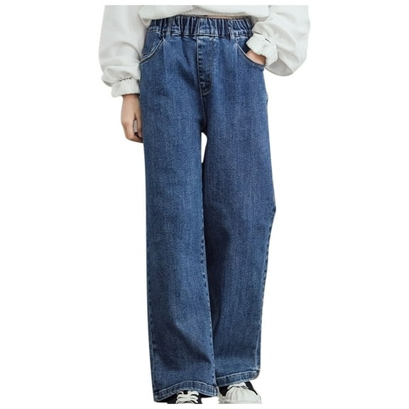 Girls High Waisted Straight Leg Jeans Denim Long Pants with Pocket Elastic Wasit Wide Leg Baggy Pants Kids Jeans Pants Children Casual Slim Leg Sweatpants Dark Blue 4Y