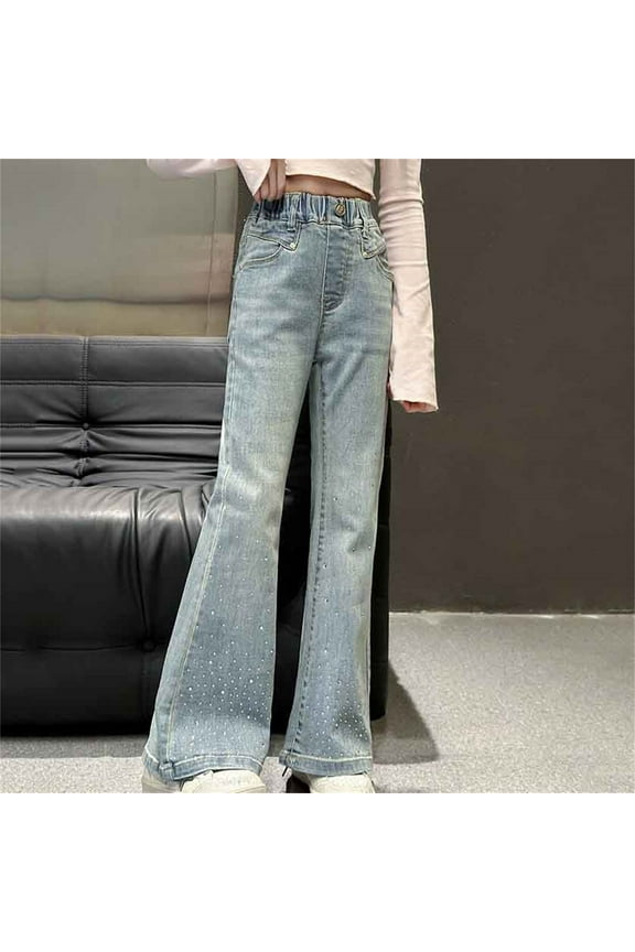 Girls High Waisted Straight Leg Jeans Denim Long Pants with Pocket Casual Loose Slightly Flared Pants Comfortable Pants 5-15Years