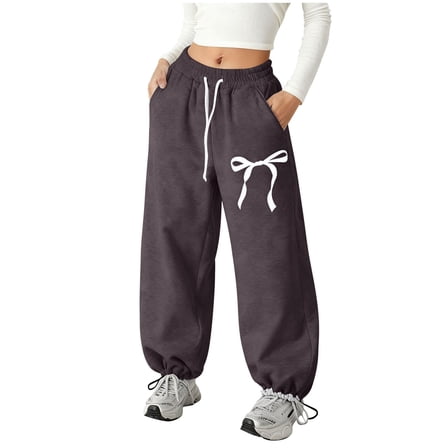 Girls High Waisted Uniform Jogger Pants Elastic Waist Drawstring Jogger Pants Cute Bow Printed Sports Pants with Pockets, Bronze 13-14Y