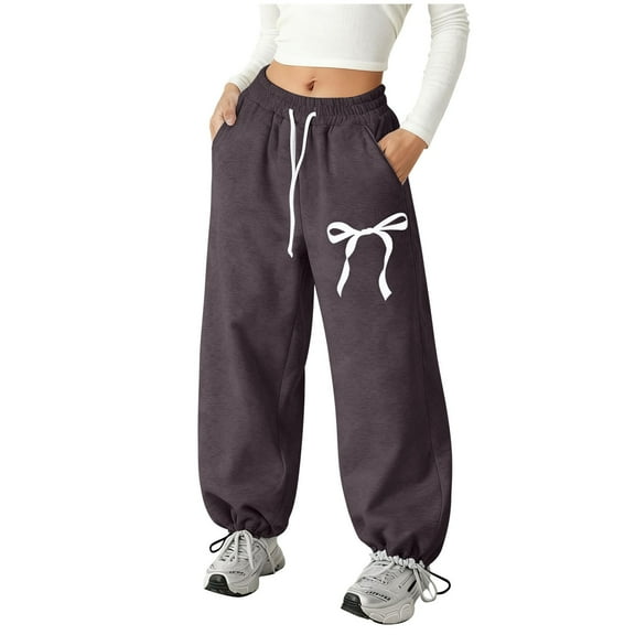 Girls High Waisted Uniform Jogger Pants Elastic Waist Drawstring Jogger Pants Cute Bow Printed Sports Pants with Pockets, Bronze 13-14Y