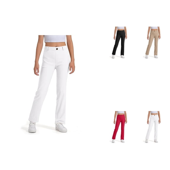 Girls High Waisted Wide Leg Dress Pants with Pockets, High Stretch Uniform & Casual Trousers for Kids, Sizes 5-14 Years