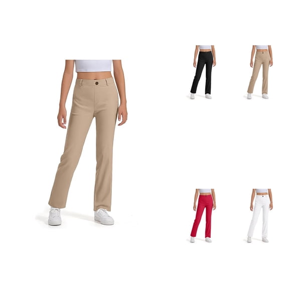 Girls High Waisted Wide Leg Dress Pants with Pockets, High Stretch Uniform & Casual Trousers for Kids, Sizes 5-14 Years