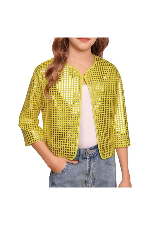Girls Hop Latin Jazz Dance Jacket Sequin Bomber Jacket (Gold 5-6 Years)