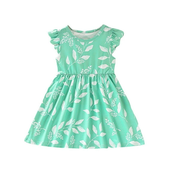 Girls Holiday Dress Toddler Kids Little Flying Sleeve Leaf Print Dress Round Neck Skirt Size for 1 to 6 Years