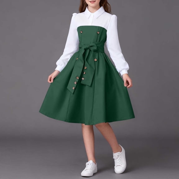 Girls Holiday Long Sleeve Dresses Round Neck Tiered Kids Party Casual Fall Dress A-line High Waist Vintage Dress for Girl Green 8-9 Years