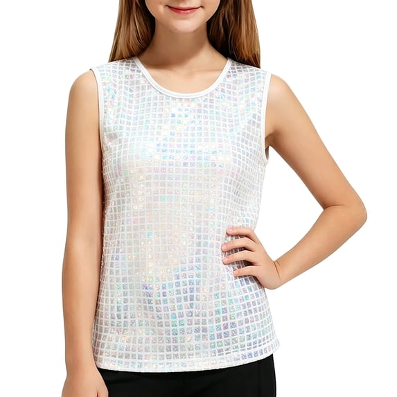 Girls Holographic Laser Checkered Sequin Tank Top, Shiny Sparkly Sleeveless Performance Vest for Stage Dance Party(White,11-14 Years)