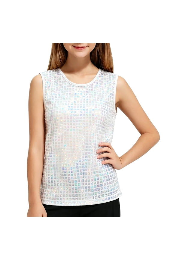 Girls Holographic Laser Checkered Sequin Tank Top, Shiny Sparkly Sleeveless Performance Vest for Stage Dance Party(White,7-10 Years)