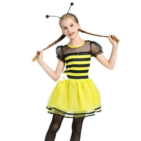 Girls Honey Bee Dress Halloween Christmas Fairy Fancy Dress Set w/Wings & Headband