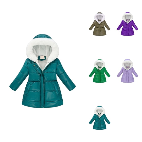 Girls Hooded Down Jacket with Fleece Lining, Windproof Padded Puffer Coat, Zip-Up Long Sleeve Slim Fit Winter Outwear with Pockets for Cold Weather