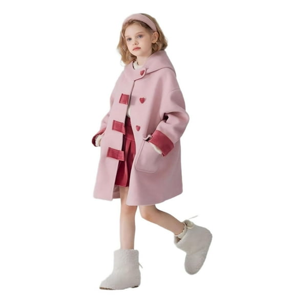 Girls Hooded Duffel Coat Pockets Colorblock Love Hearts Button-up Trench Jacket Dress Peacoat Winter Overcoat (14 Years, Pink)