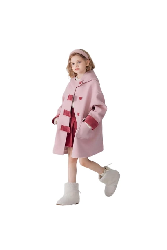 Girls Hooded Duffel Coat Pockets Colorblock Love Hearts Button-up Trench Jacket Dress Peacoat Winter Overcoat (7 Years, Pink)