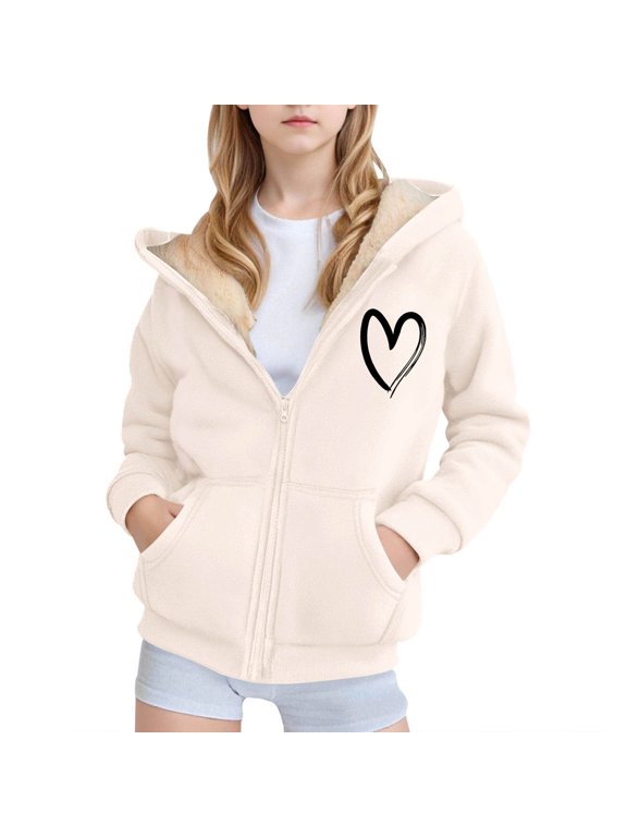 Girls Hooded Heart Embroidery Fleece Jacket Zip Up Long Sleeve Warm Winter Casual Outerwear 12-13 Years