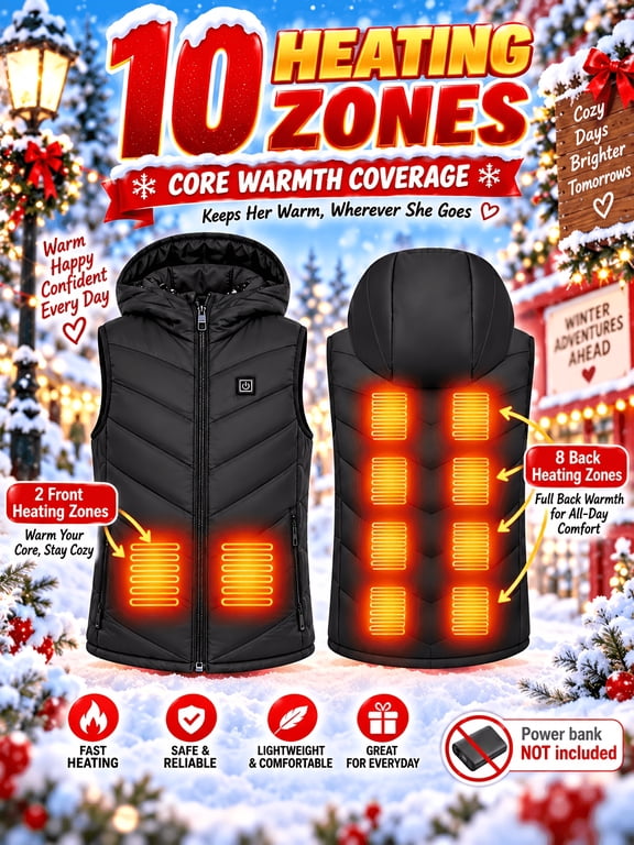 Girls Hooded Heated Vest, 10 Heating Zones 3 Adjustable Temperature Levels Lightweight Thermal Gilet, Winter Warm Heating Vest for Kids School Outdoor Play Christmas Gift (Power Bank Not Included)