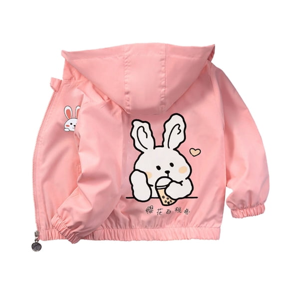 Girls Hooded Jacket Toddler Zip up Coat with Cartoon Rabbit Kids Lightweight Rain Jacket Cute Windbreaker Outerwear Raincoat