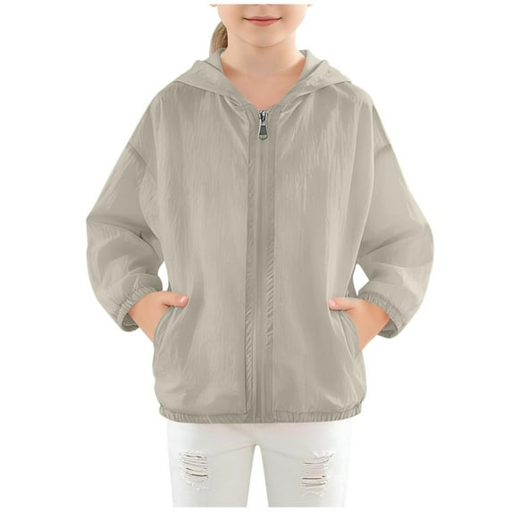 Girls Hooded Lightweight Windbreaker Jacket UPF 50+ Sun Protection Water Resistant Gray Nylon Spandex,Size 9-10 T