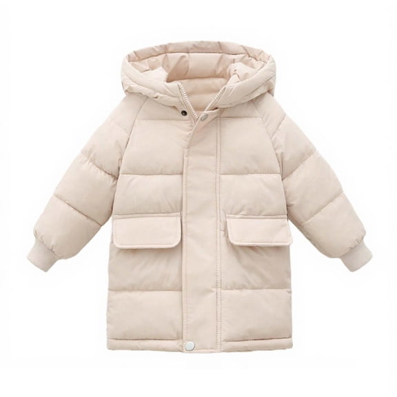 Girls' Hooded Long Puffer Coat Zip Up Thickened Mid Length Pocket Jacket Kids Casual Warm Overcoats, Beige 11 Years
