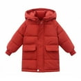 thumbnail image 1 of Girls' Hooded Long Puffer Coat Zip Up Thickened Mid Length Pocket Jacket Kids Casual Warm Overcoats, Red 11 Years, 1 of 7