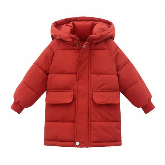 Girls' Hooded Long Puffer Coat Zip Up Thickened Mid Length Pocket Jacket Kids Casual Warm Overcoats, Red 5 Years