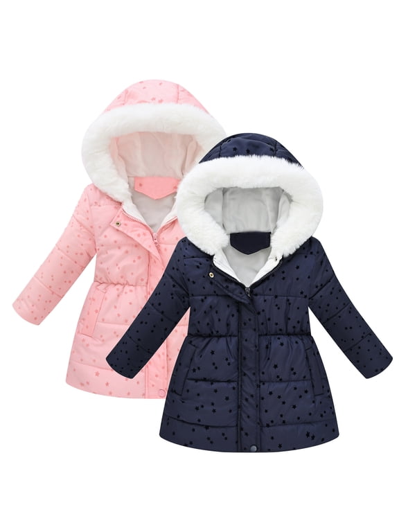 Girls Hooded Long Star Print Puffer Coat Faux Fur Lined Zip Up Warm Outerwear 2-3 Years Spring Fall Winter Jacket