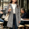 thumbnail image 1 of Girls Hooded Mid Length Trench Coat Long Sleeve Drawstring Waist Zip Snap Windbreaker Jacket for Kids Gray 12-13 Years, 1 of 9