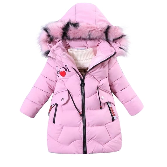 Girls' Hooded Parka Jacket Removable Hood Thickened Warm Puffer Coat Furry Collar Full Zip Quilted Coat Outdoor for School Runs (3-8Y)