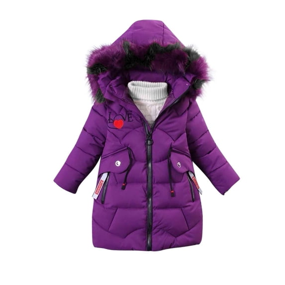 Girls' Hooded Parka Jacket Removable Hood Thickened Warm Puffer Coat Furry Collar Full Zip Quilted Coat Outdoor for School Runs (3-8Y)