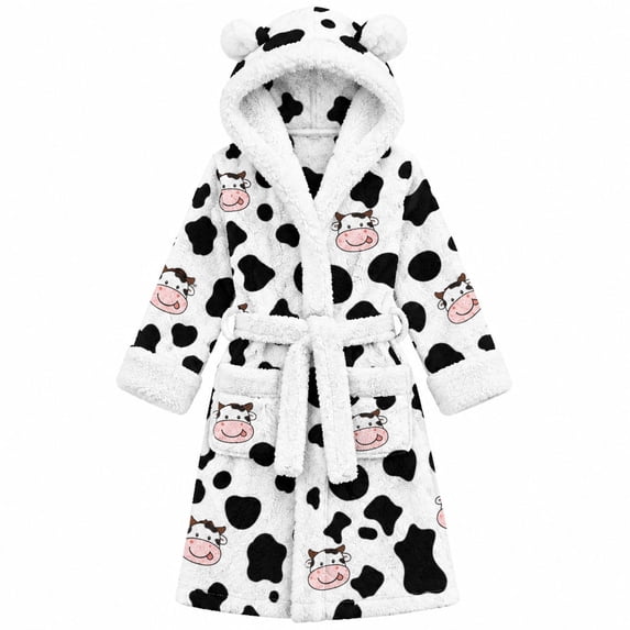 Aideaone Girls Hooded Plush Robe Soft Fuzzy Bathrobe Cozy Sleepwear Loungewear with Belt Pockets Printed Fluffy Lounge Robe for 4-12Y