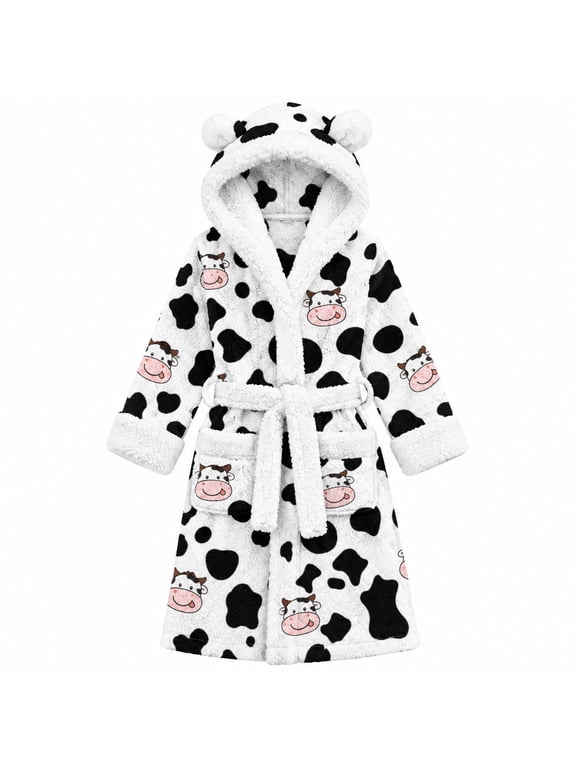 Girls Hooded Plush Robe Soft Fuzzy Bathrobe Cozy Sleepwear Loungewear with Belt Pockets Printed Fluffy Lounge Robe for 4-12Y