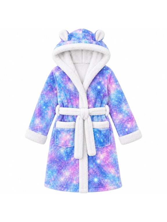 Girls Hooded Plush Robe Soft Fuzzy Bathrobe Cozy Sleepwear Loungewear with Belt Pockets Printed Fluffy Lounge Robe for 4-12Y