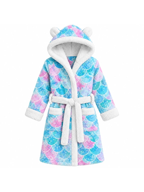 Girls Hooded Plush Robe Soft Fuzzy Bathrobe Cozy Sleepwear Loungewear with Belt Pockets Printed Fluffy Lounge Robe for 4-12Y