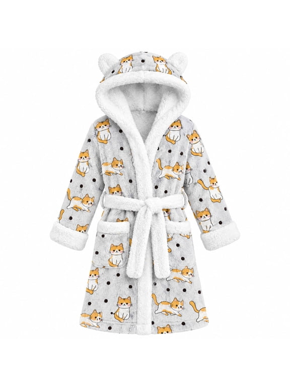 Girls Hooded Plush Robe Soft Fuzzy Bathrobe Cozy Sleepwear Loungewear with Belt Pockets Printed Fluffy Lounge Robe for 4-12Y