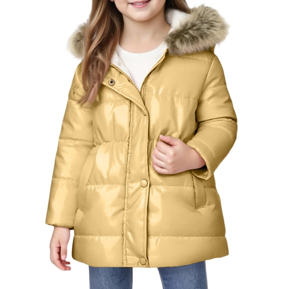 Girls Hooded Puffer Coat with Faux Fur Trimmed Hood Full Zip Front Snap Closure and Quilted Design Winter Outerwear Jacket Style #A049 Yellow 120