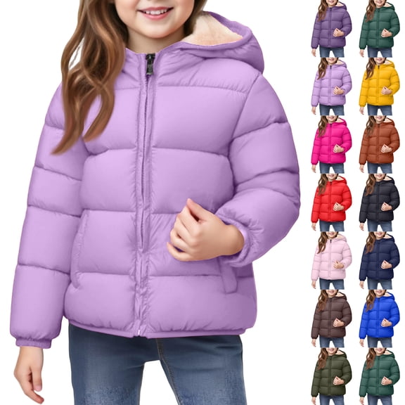 Girls Hooded Puffer Jacket Fleece Lined Full Zip Elastic Cuffs Winter Quilted Down Coat Outerwear Red 100