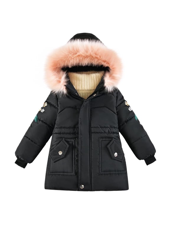 Girls' Hooded Puffer Jacket Winter Coat Fleece Lined Warm Outerwear with Floral Embroidery Black,Size 3 T