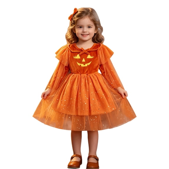 Girls Hooded Pumpkin Witch Sparkle Tulle Halloween Costume Dress, Kids Party Dress Up Costume for Trick-or-Treat Fall Birthday (5#Orange/12-18 Months)