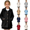 thumbnail image 1 of Girls Hooded Single Coat, Kids Solid Color Mid Length Button Down Trench Outerwear, Long Sleeve Warm Overcoat with Side Pockets for Fall Winter(Black,6-7 Years), 1 of 5