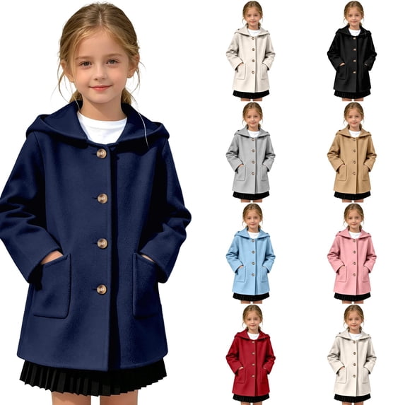 Girls Hooded Single Coat, Kids Solid Color Mid Length Button Down Trench Outerwear, Long Sleeve Warm Overcoat with Side Pockets for Fall Winter(Dark Blue,10-11 Years)