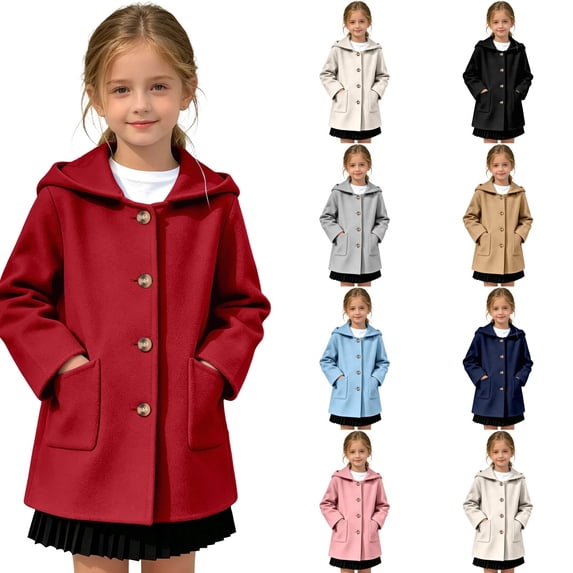 Girls Hooded Single Coat, Kids Solid Color Mid Length Button Down Trench Outerwear, Long Sleeve Warm Overcoat with Side Pockets for Fall Winter(Red,12-13 Years)
