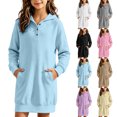 thumbnail image 1 of Girls Hooded Sweatshirt Dress, Kids Long‑Sleeve Henley Button Pullover Tunic with Side Pockets, Soft Casual Hoodie Mini Dress for Fall Winter, 1 of 6
