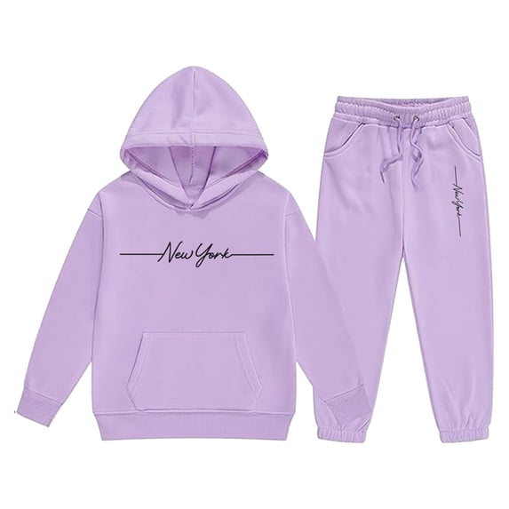 Girls' Hooded Sweatshirt And Jacket Set - Girls Tracksuit Winter Warm Pullover Hoodie With Pants Kids Casual Outfit Cute Printed Jogger Two Piece Set (Purple,12-13 Years)