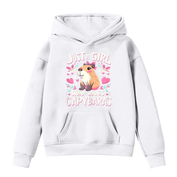 Girls Hooded Sweatshirt with Capybara Print - Long Sleeve Pullover Hoodie with Pocket for Kids Ages 4-14